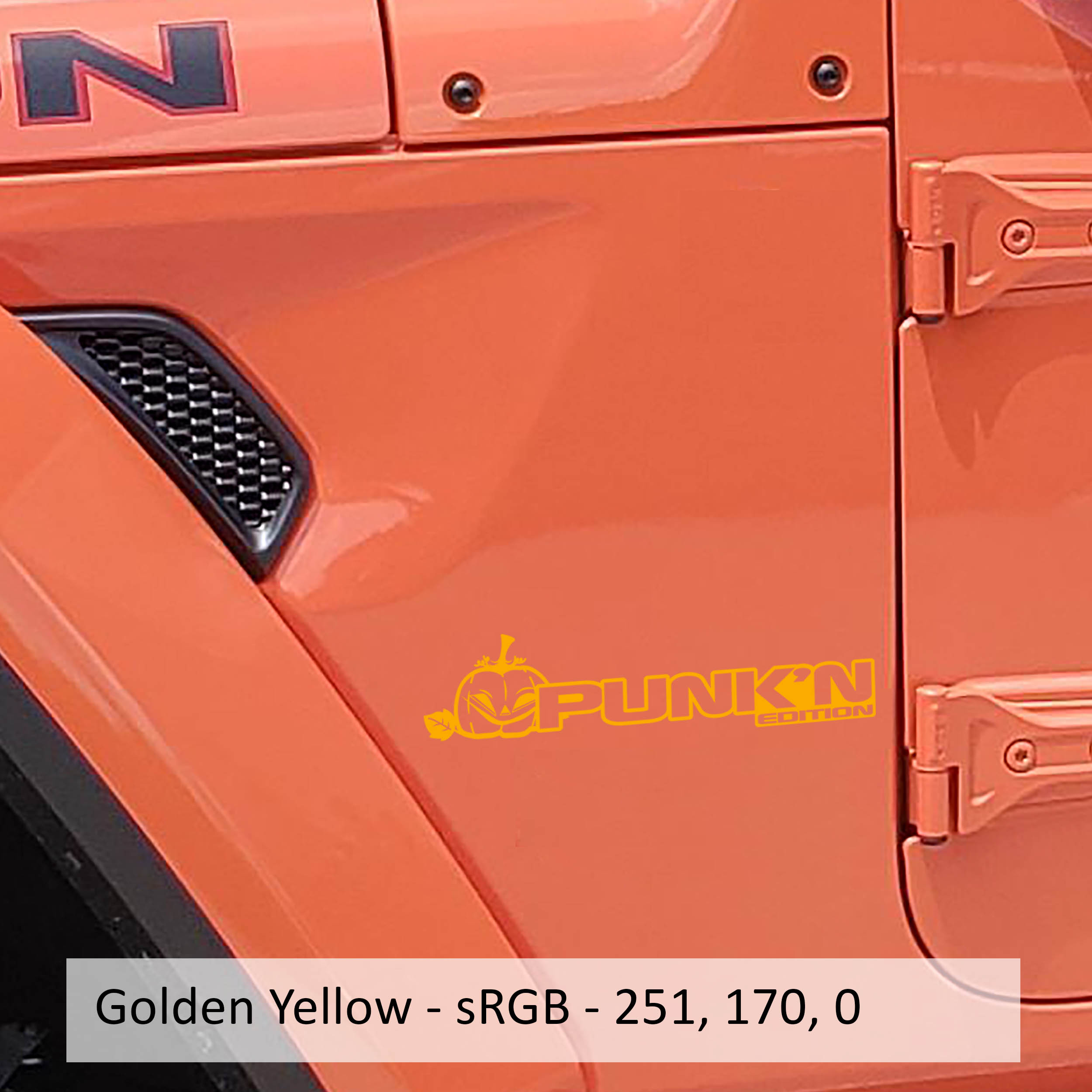 Brimstone yellow Punk'n Edition pumpkin fender decal pair on Jeep Wrangler JL Gladiator JT cowl