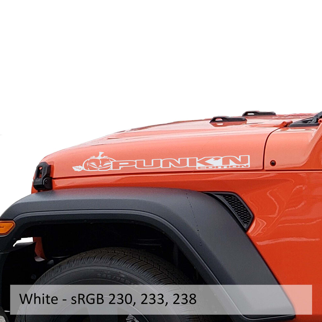 White Punkn Edition hood decal pair color swatch for Jeep Wrangler side hood application