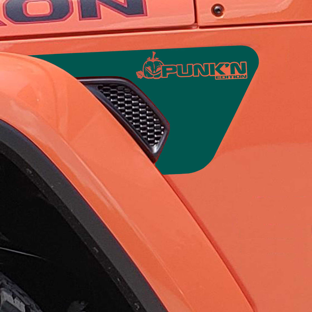 Punk'N Edition Jeep fender vent decal pair in forest green vinyl with pumpkin Punkn badges