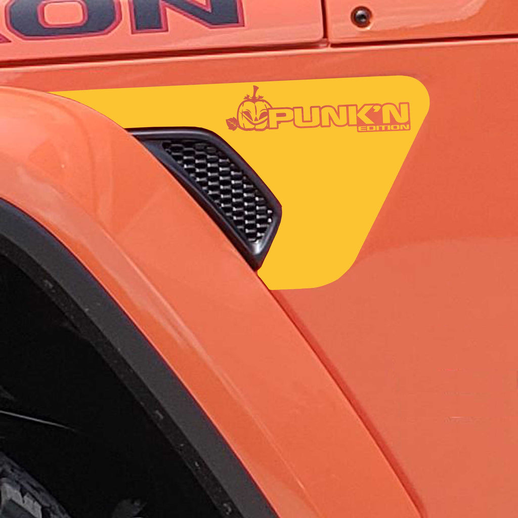 Punk'N Edition Jeep fender vent decal pair in yellow vinyl with pumpkin Punkn badges