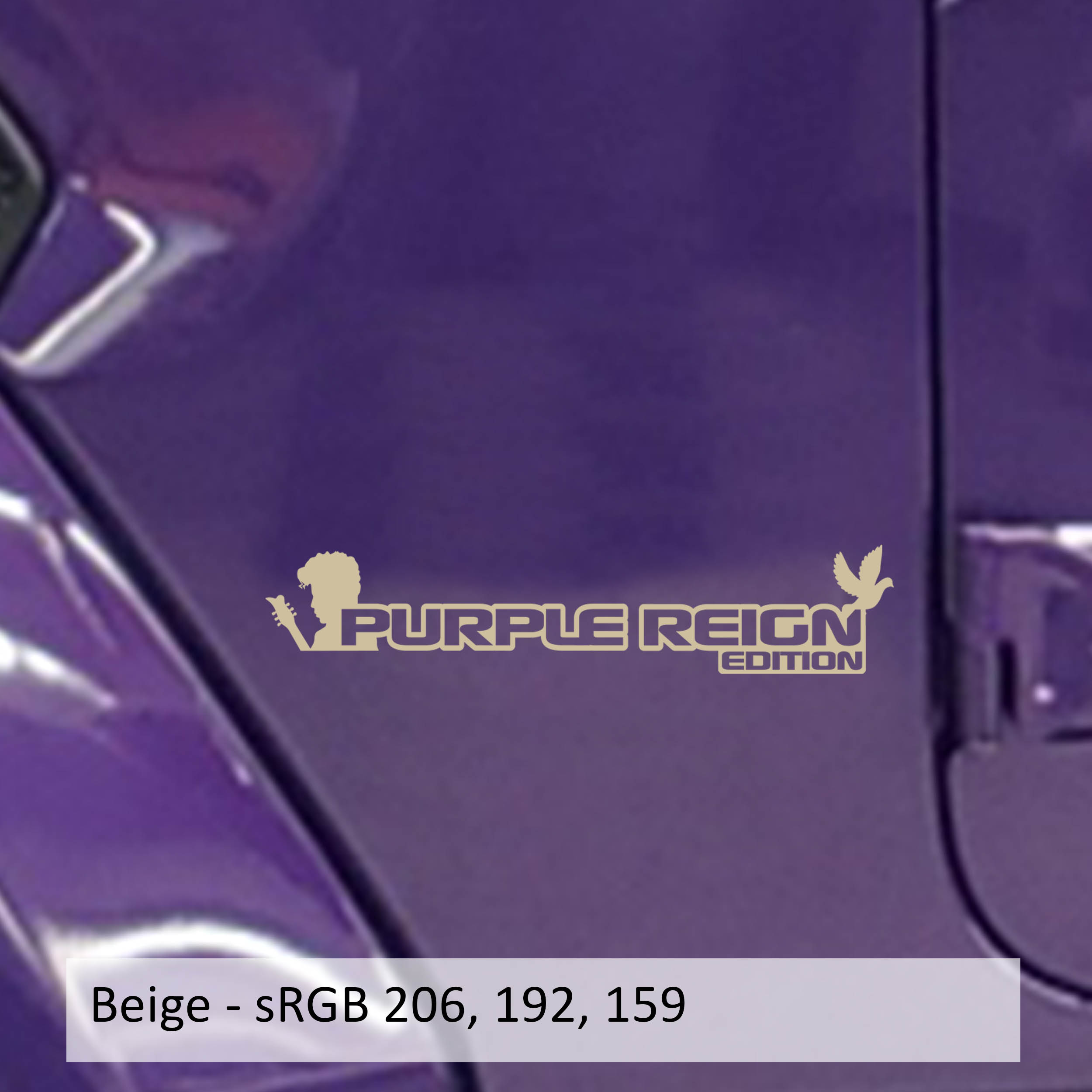 Beige Purple Reign Edition fender decal pair with guitar and dove silhouettes on a purple Jeep Wrangler fender