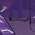 Black Purple Reign Edition fender decal pair with guitar and dove silhouettes on a purple Jeep Wrangler fender