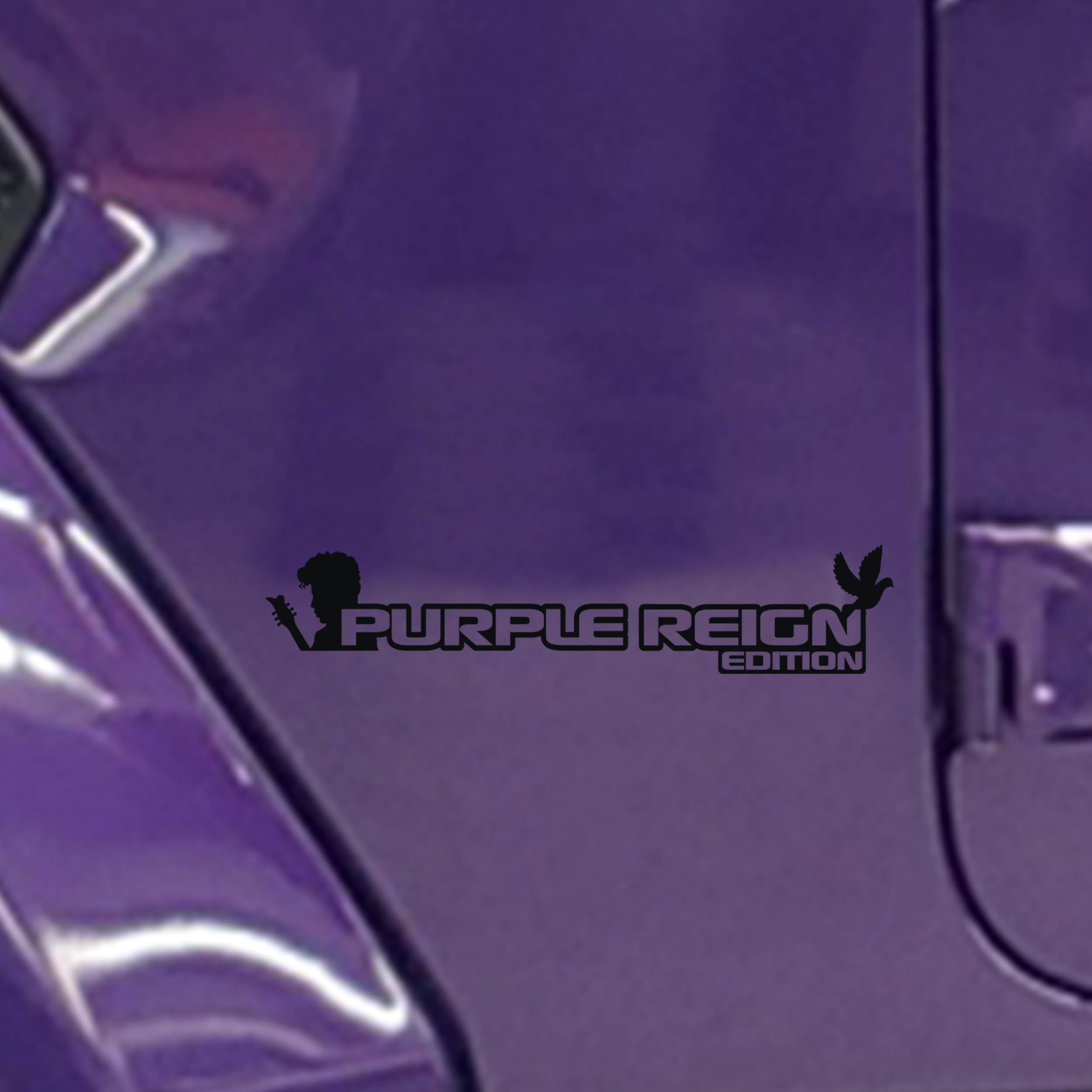 Black Purple Reign Edition fender decal pair with guitar and dove silhouettes on a purple Jeep Wrangler fender