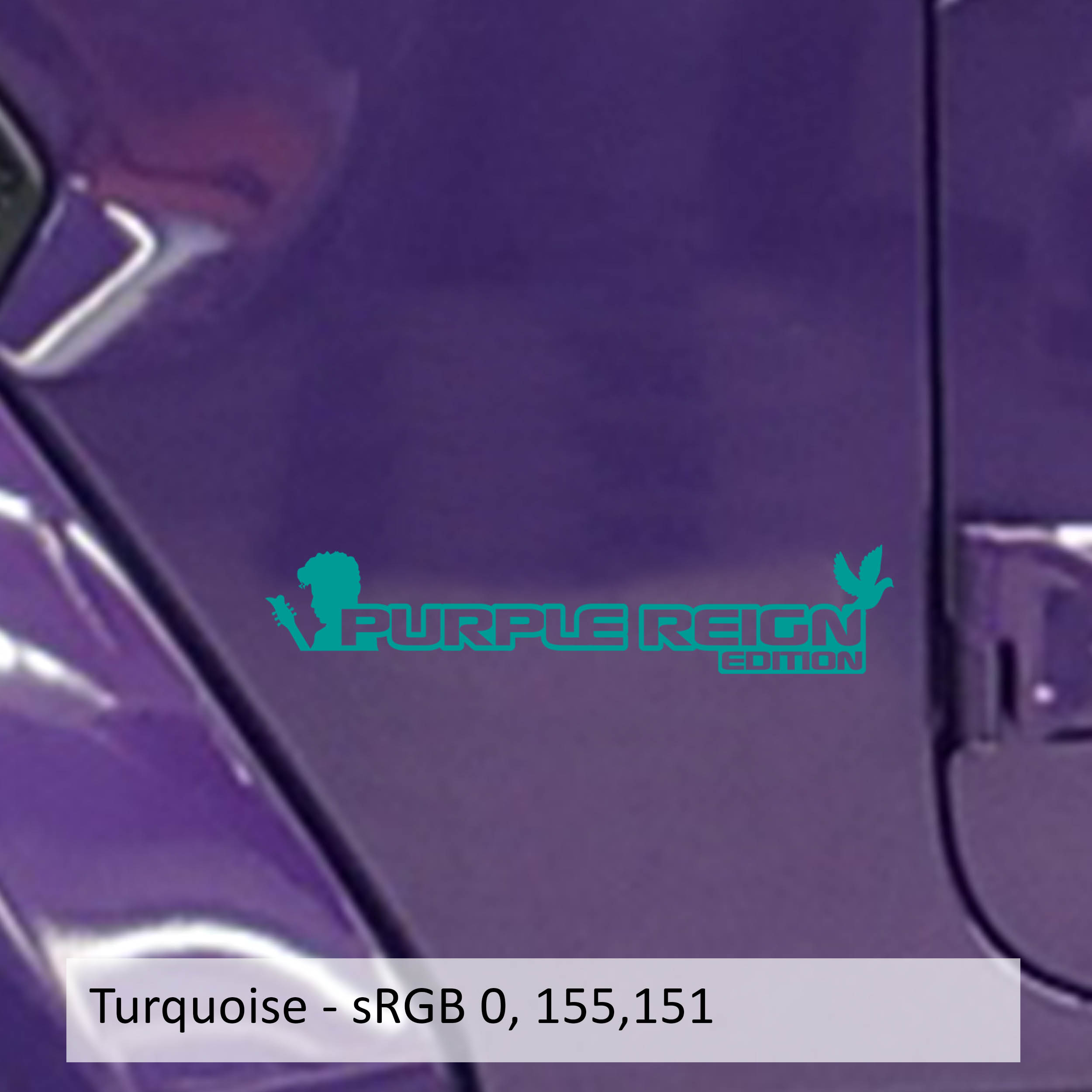 Turquoise Purple Reign Edition fender decal pair with guitar and dove silhouette on purple Jeep Wrangler