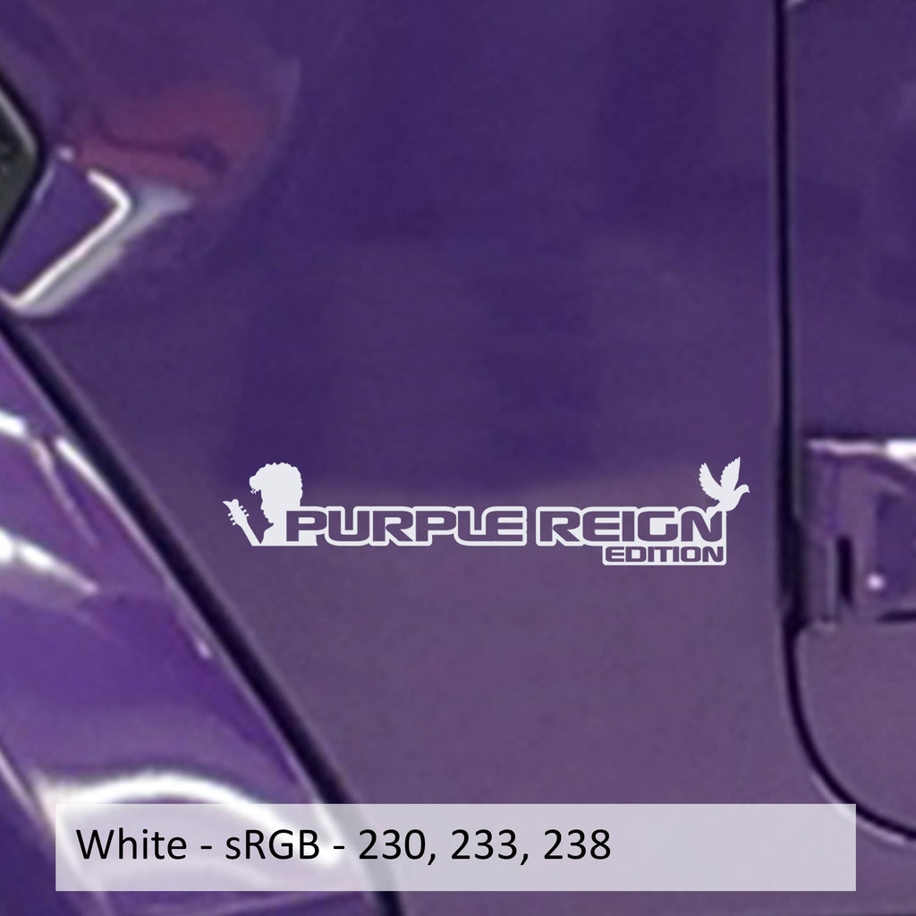 White Purple Reign Edition fender decal pair with guitar and dove silhouettes on a purple Jeep Wrangler fender