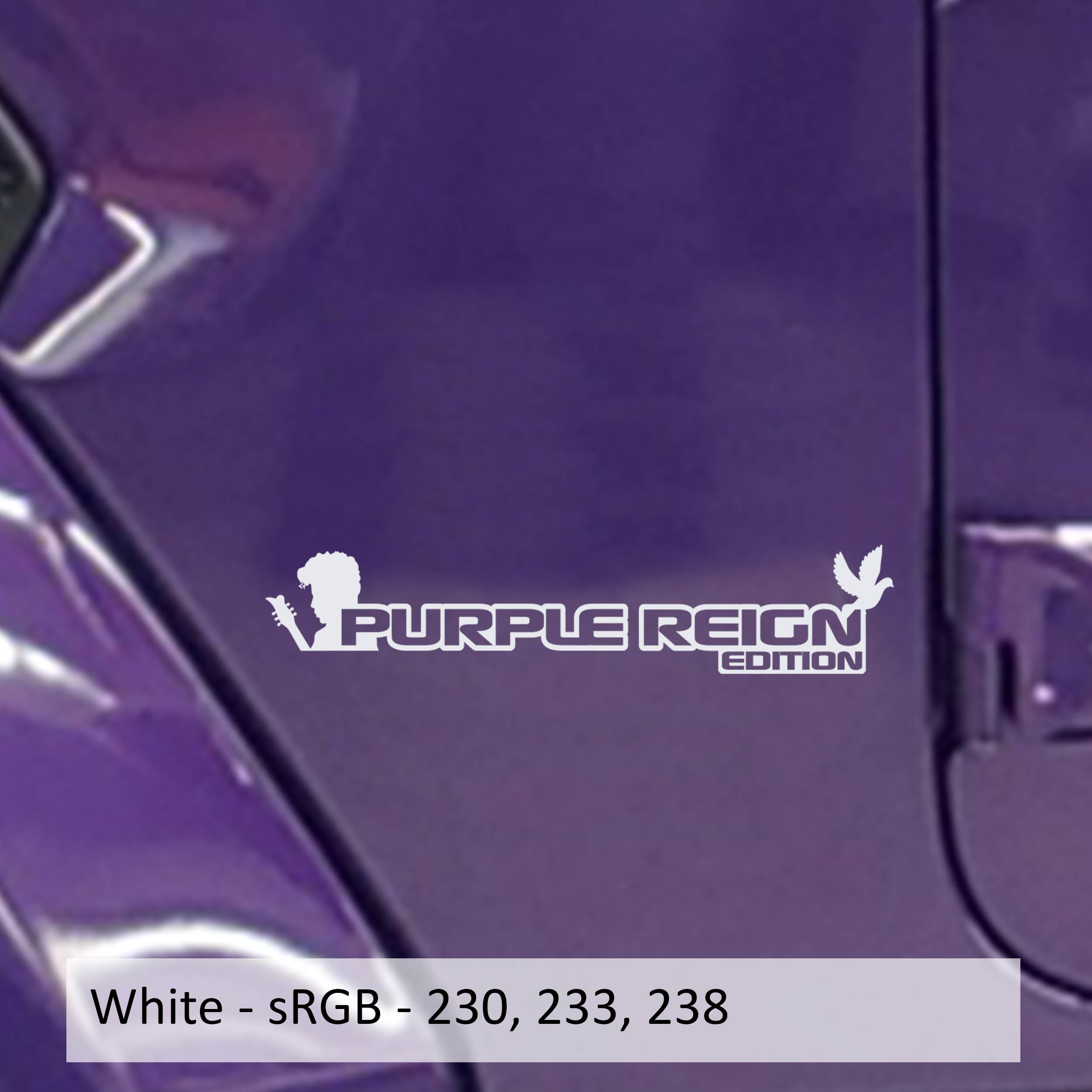 White Purple Reign Edition fender decal pair with guitar and dove silhouettes on a purple Jeep Wrangler fender