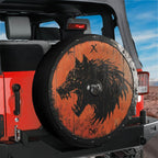 Fenrir wolf Viking shield tire cover on red Jeep Wrangler with backup camera hole rustic Nordic art