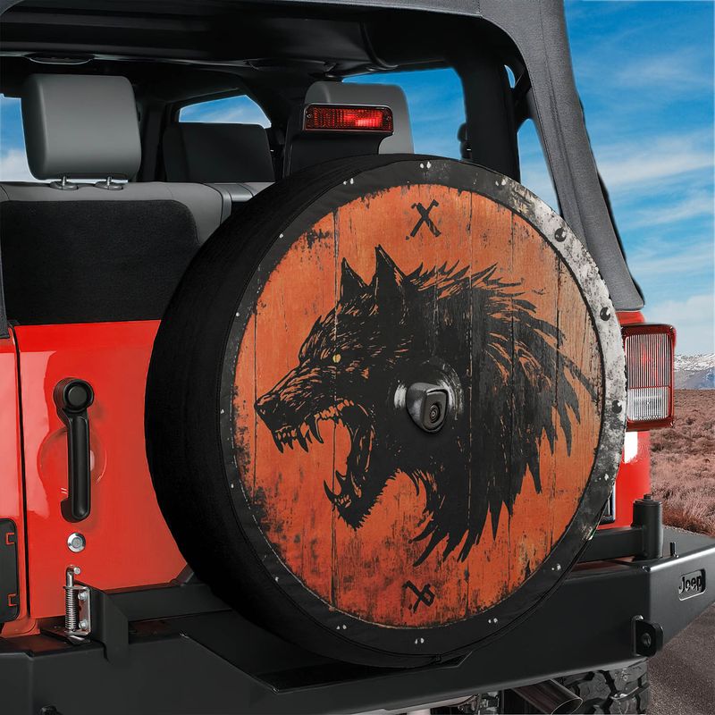 Fenrir wolf Viking shield tire cover on red Jeep Wrangler with backup camera hole rustic Nordic art