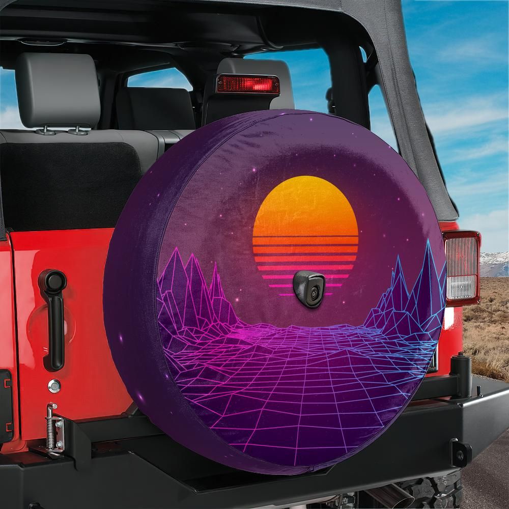 Neon Retrowave Outrun Sunset Spare Tire Cover With Backup Camera Hole Option