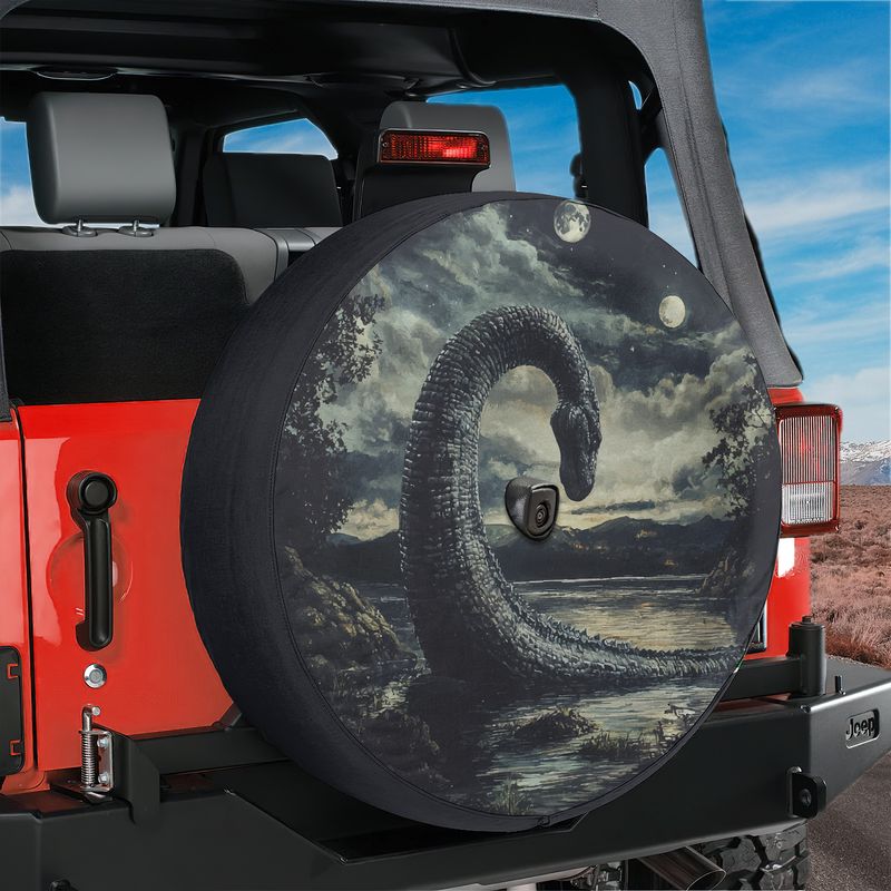 Loch Ness by Moonlight spare tire cover on red Jeep Wrangler featuring lake monster under twin moons