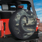 Loch Ness by Moonlight spare tire cover on red Jeep Wrangler featuring lake monster under twin moons