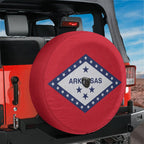 Arkansas state flag spare tire cover studio shot showing red field, white diamond and Arkansas star arrangement