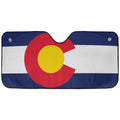 Colorado state flag accordion auto sunshade flat lay with red C and yellow sun on navy and white stripes