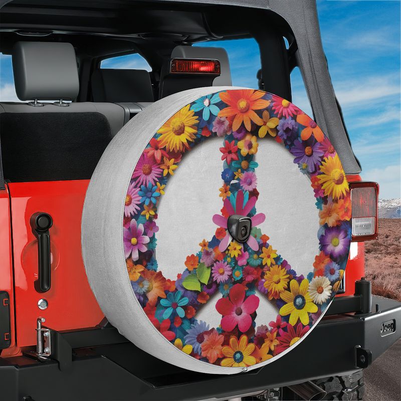 Red Jeep Wrangler showing floral peace symbol daisy spare tire cover with rear backup camera hole