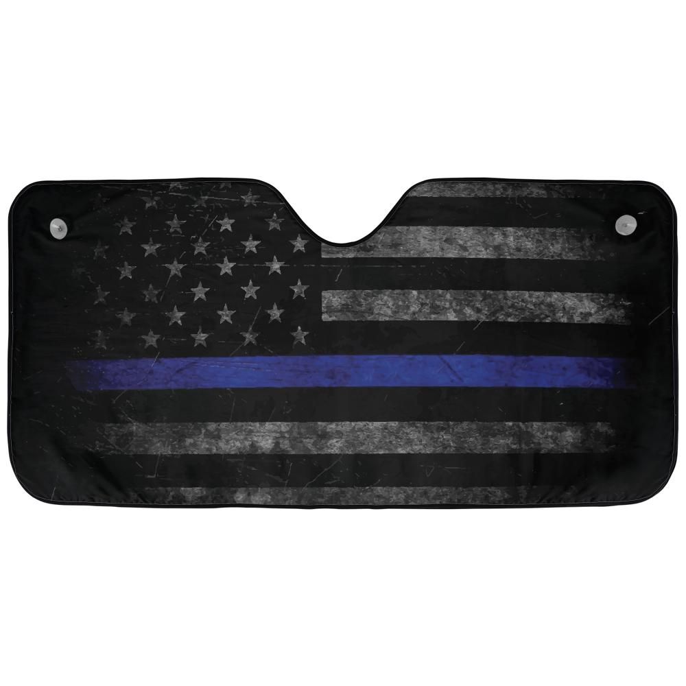 Thin Blue Line American Flag auto sunshade artwork shown flat above an installed windshield mockup view