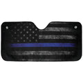 Thin Blue Line American Flag auto sunshade artwork shown flat above an installed windshield mockup view