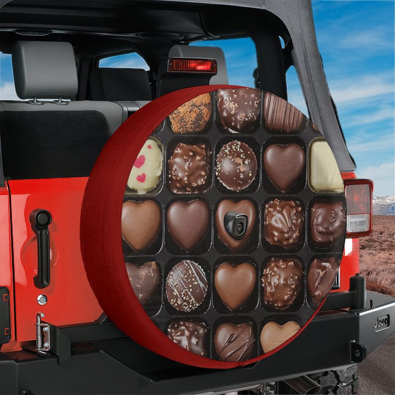 Chocolate Wheel spare tire cover on red Jeep Wrangler with sweet chocolate heart assortment print