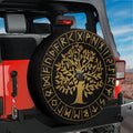 Golden Runes of Yggdrasil spare tire cover with Norse tree and rune circle on black background