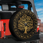 Golden Runes of Yggdrasil spare tire cover with Norse tree and rune circle on black background