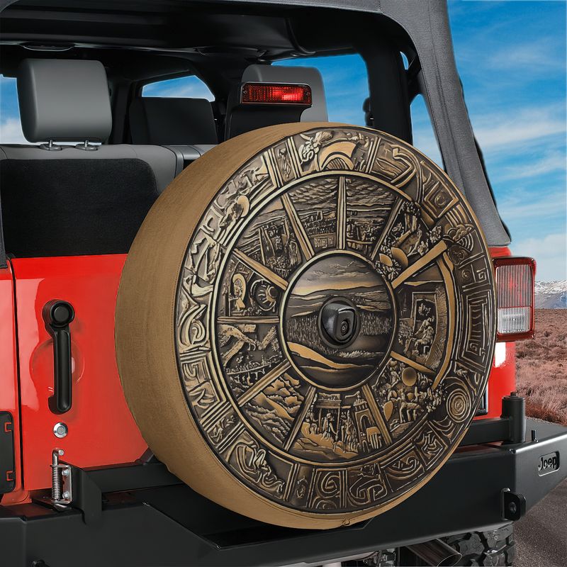 Shield of Achilles spare tire cover flat artwork showing bronze relief mythic scenes and central horizon panel