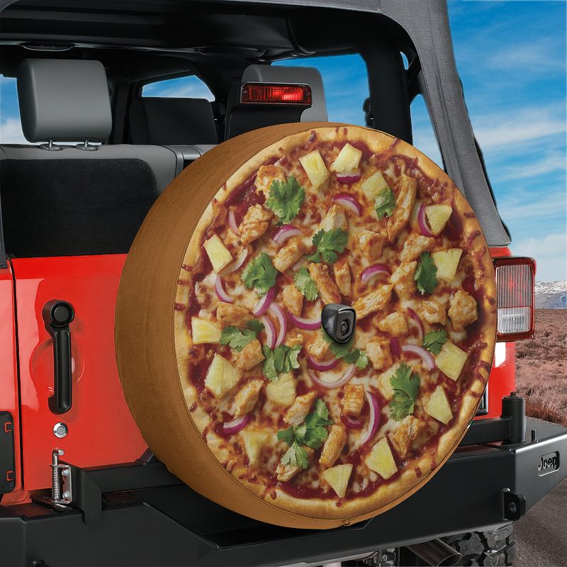 BBQ chicken tire cover white background shot with pineapple red onion cilantro on barbecue sauce base