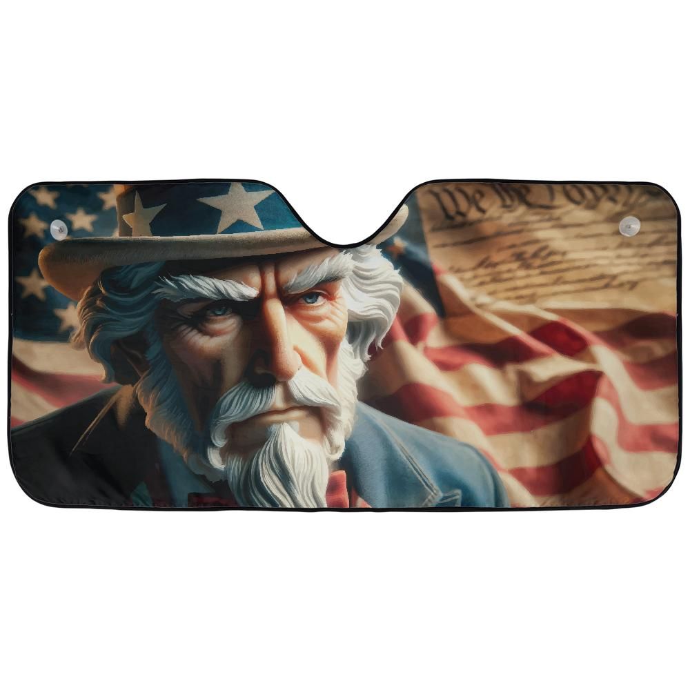 Uncle Sam We the People auto sunshade artwork displayed flat above an installed windshield mockup view