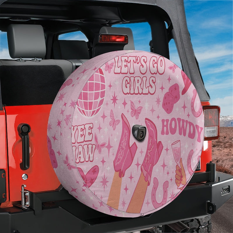 Pink Cowgirl Night Out Spare Tire Cover With Backup Camera Hole Option