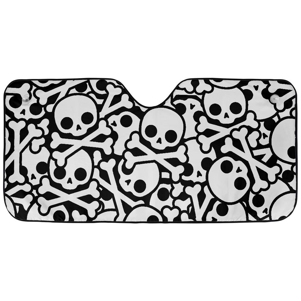 Skull and Crossbones auto sunshade shown flat with art panel above an installed windshield mockup view