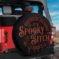 Spooky Bitch Season funny Halloween spare tire cover hero shot, Jeep Bronco backup camera hole