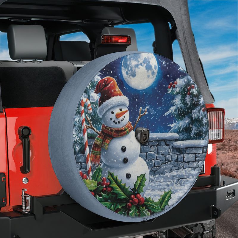Frostys Midnight Cheer tire cover on red Jeep Wrangler featuring snowman plaid scarf and candy cane