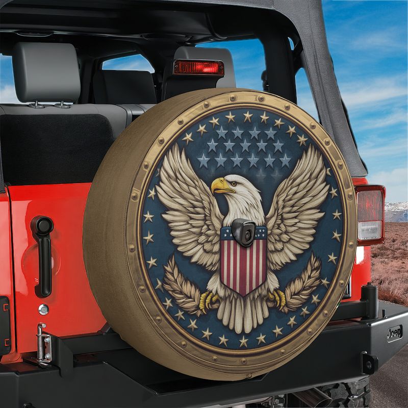 American Freedom Seal spare tire cover product shot showing the patriotic eagle crest centered on the round canvas cover