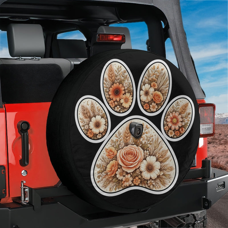 Boho Flower Paw Print Spare Tire Cover With Backup Camera Hole