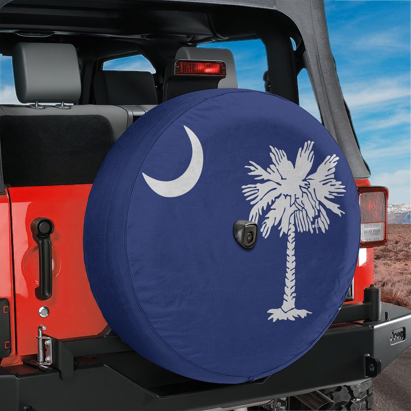 South Carolina palmetto moon spare tire cover studio shot showing white crescent and palmetto tree on navy field