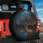 Norse Tree of Life spare tire cover on red Jeep Wrangler with mystical blue gold tree and camera hole