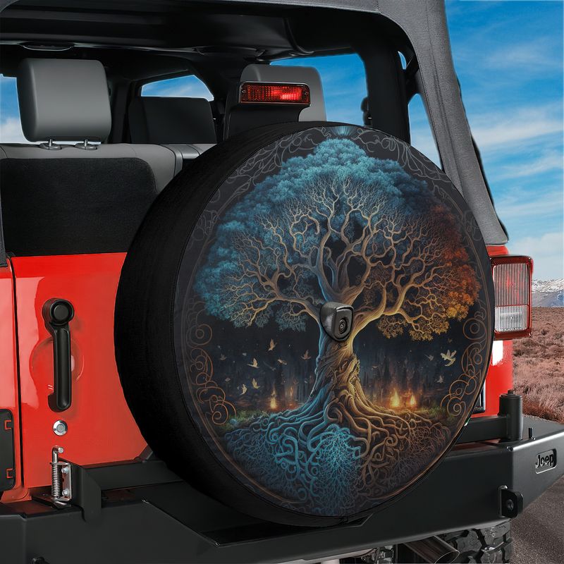 Norse Tree of Life spare tire cover on red Jeep Wrangler with mystical blue gold tree and camera hole