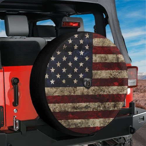 Black Bordered Rustic American Flag spare tire cover with weathered stars and stripes design