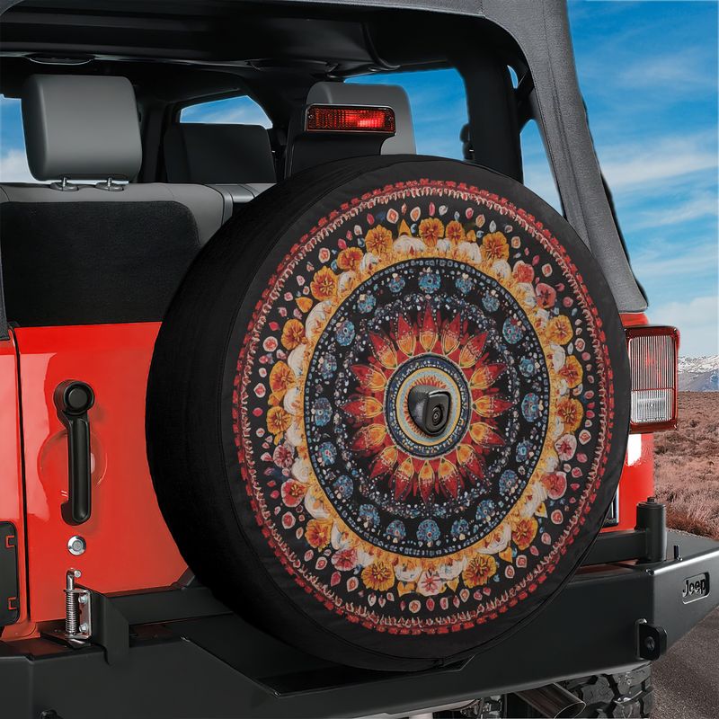 Mandala Wheel spare tire cover with intricate symmetrical sacred geometry pattern and camera hole