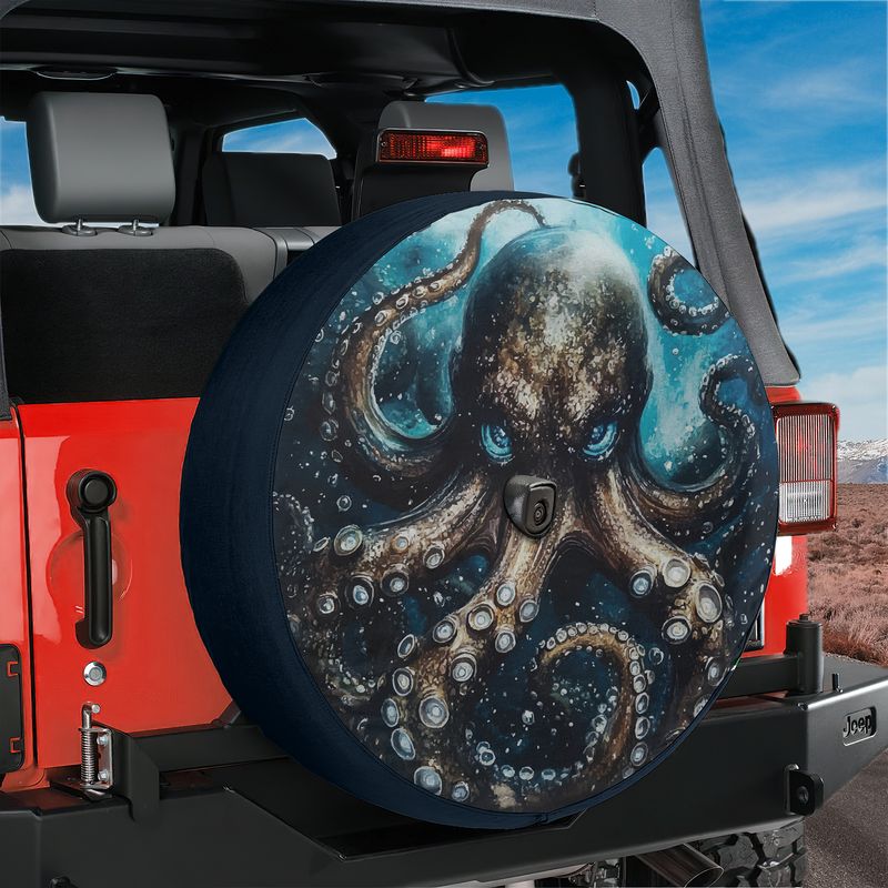 Deep-Sea Majesty Kraken spare tire cover mounted on red Jeep rear with giant octopus tentacles ocean wave art
