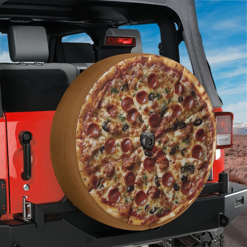 NY pepperoni pizza spare tire cover product shot of pepperoni olives and cheese on white background