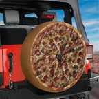 NY pepperoni pizza spare tire cover product shot of pepperoni olives and cheese on white background