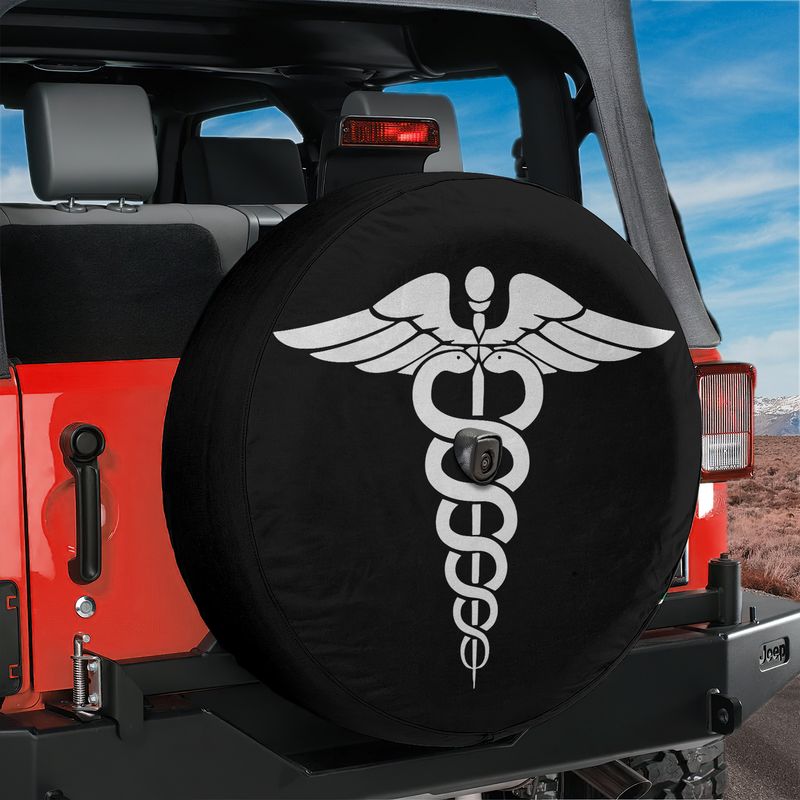 Caduceus Medical Symbol spare tire cover mounted on red Jeep rear with classic winged staff and twin serpents