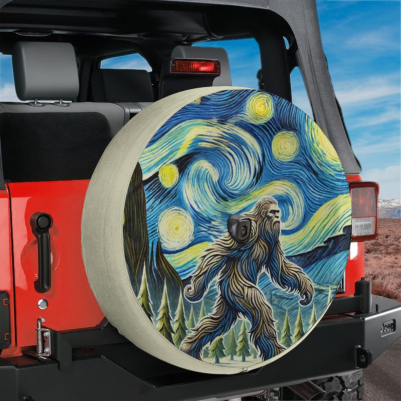 Bigfoot Starry Night spare tire cover with Van Gogh swirl sky and sasquatch silhouette
