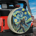 Bigfoot Starry Night spare tire cover with Van Gogh swirl sky and sasquatch silhouette