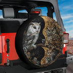 Yin-Yang Owls spare tire cover product shot showing the balanced black-and-white owl artwork on the round canvas