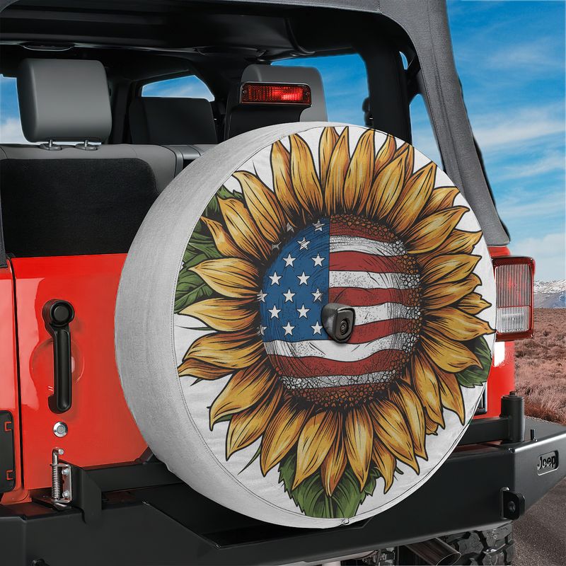 Star-Spangled Sunflower spare tire cover product shot showing the floral American flag rosette on the round cover