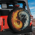 Fire and Ice Harmony spare tire cover on red Jeep Wrangler with flame and moon yin-yang artwork