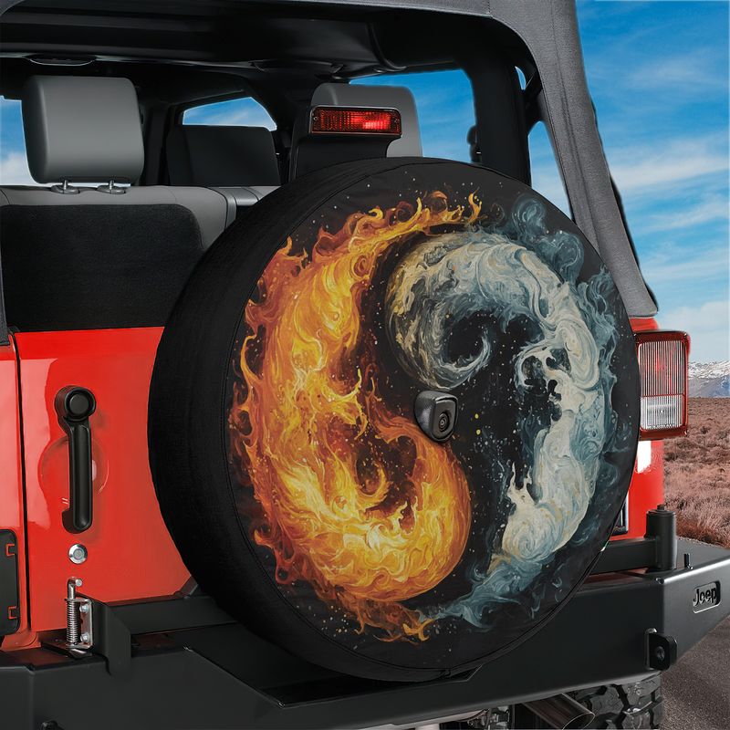 Fire and Ice Harmony spare tire cover on red Jeep Wrangler with flame and moon yin-yang artwork