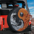 Elemental Balance spare tire cover on red Jeep Wrangler with water and earth yin-yang and moon