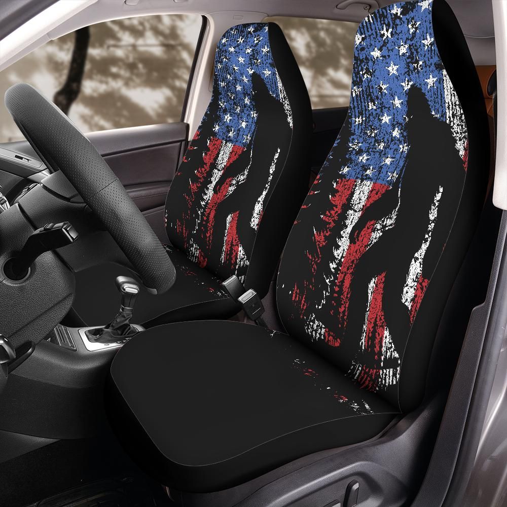Patriotic Sasquatch Bigfoot American flag seat cover hero product shot, universal bucket seat fit