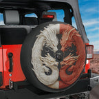 Balance of the Dragons spare tire cover on red Jeep Wrangler with white and red yin-yang dragon art